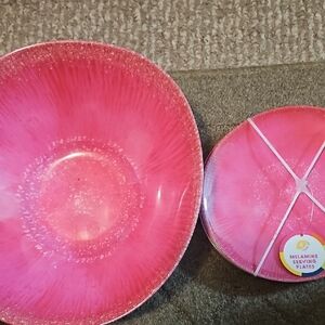 Vibrant Pink Melamine Serving Bowl and 4 Plates